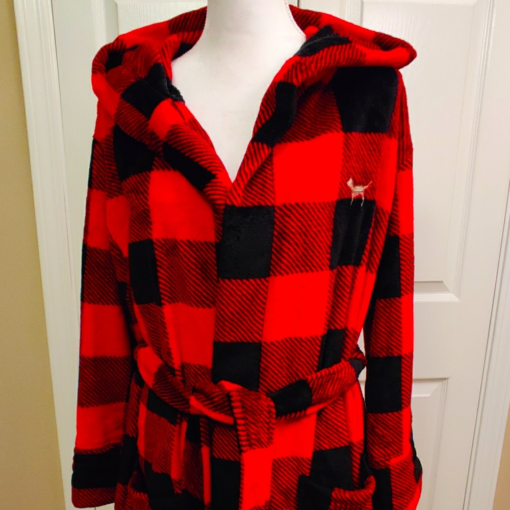 PINK Bling Plush Hooded Robe XS/S Red Black